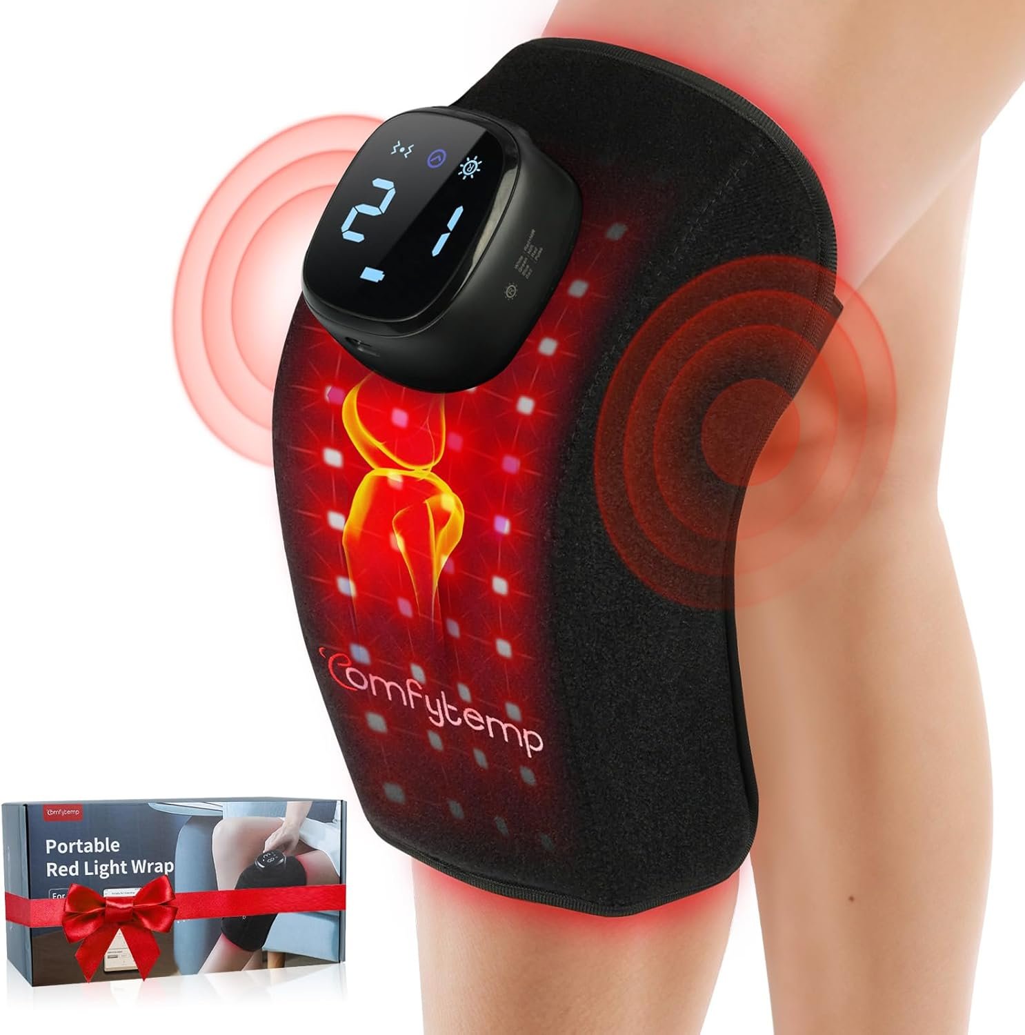 Comfytemp 3D Red Light Therapy Knee Wrap with Vibration Massage, FSA Eligible HSA Cordless 5000mAh Heated Knee Massager, Near Infrared Light Brace for Knee Joint, for Women Men, 660nm & 850nm